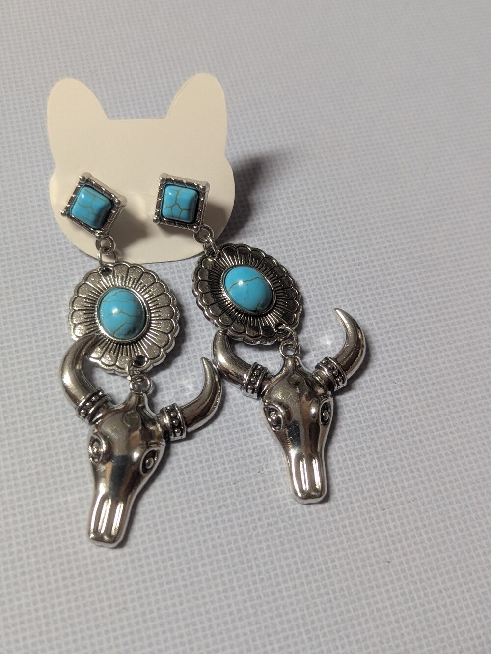 Western Turquoise Bull Skull Dangle Earrings Silver Tone Boho Cowgirl